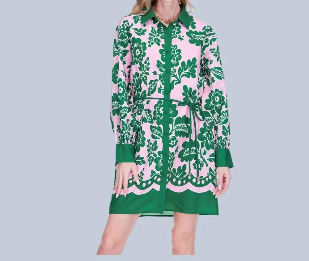 NEW JOY JOY palmetto shirt dress in emerald / pink